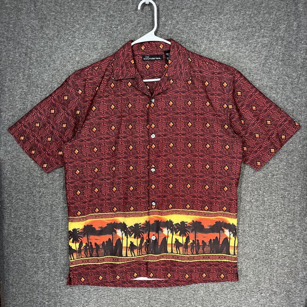 Y2K No Boundaries Button Front Shirt Men's M Red Diamond Sunset Surf Beach Camp